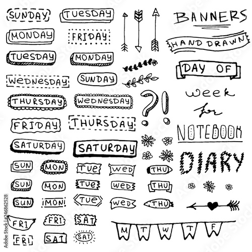 Days Of Week Isolated On White Background Sunday Monday Tuesday Wednesday  Thursday Friday Saturday Words For Diary Bullet Journal Notebook Two Styles  Hand Written Letters - Arte vetorial de stock e mais