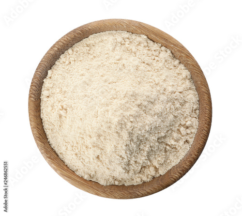 Bowl of sesame flour isolated on white, top view