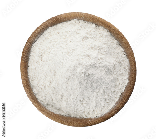 Bowl of wheat flour isolated on white, top view