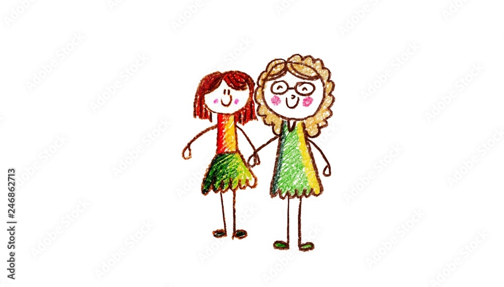 Kids drawing Happy family holding hands Mother, father, sister, brother ...