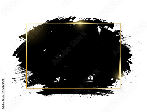 Gold shiny glowing rectange frame with grunge black brush strokes isolated on white background. Golden luxury line border for invitation, card, sale, fashion, advertising, photo. Vector illustration