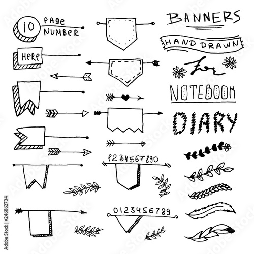 Hand drawn Banners for your Design. Label for Notebook, Diary. Number of Page. Arrows. Doodle Numeral. Page Number. Bullet Journal.