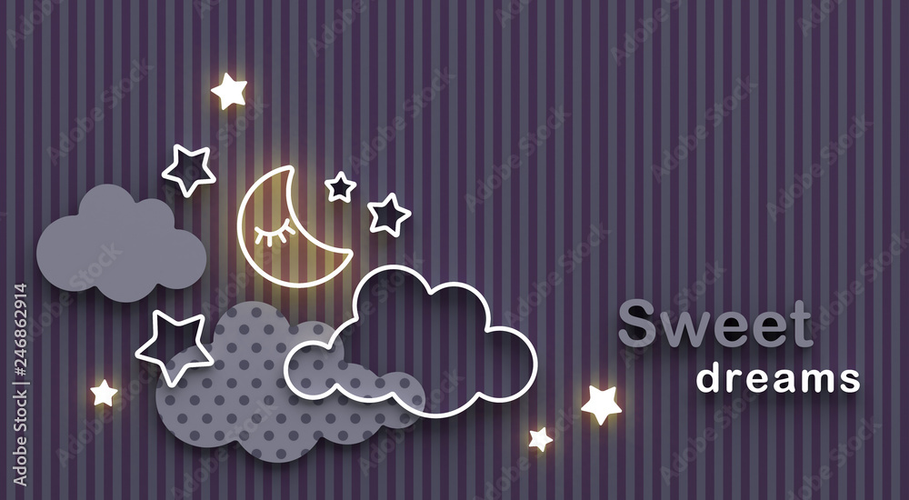 Plakat Cartoon sleeping moon, clouds and stars in the night sky. Wishing good night and sweet dreams. Greeting card with copy space. 3D render.