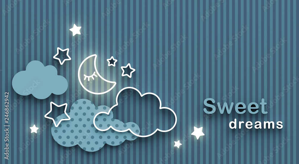 Plakat Kreskówka śpiący księżyc, chmury i gwiazdy na nocnym niebie. Życząc dobrej nocy i słodkich snów. Kartkę z życzeniami z miejsca na kopię. Renderowanie 3D.