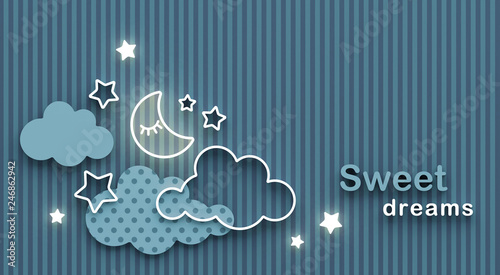 Canvas-taulu Cartoon sleeping moon, clouds and stars in the night sky