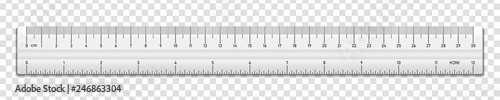 Realistic plastic white tape ruler isolated on transparent background. Double sided measurement in cm and inches. Vector illustration
