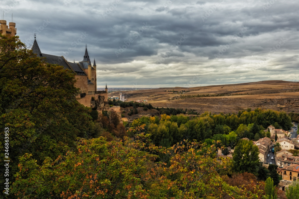 Landscape from Segovia with part of the Alcazar. Spain.