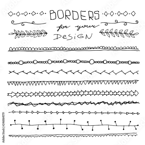 Hand Drawn Vintage Borders and Frames for your Design. Floral Decorative Elements. Label for Notebook. Line Border Set, Design Element, Beautiful Ornaments