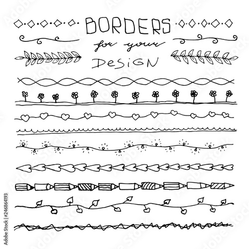Hand Drawn Vintage Borders and Frames for your Design. Floral Decorative Elements. Label for Notebook. Line Border Set, Design Element, Beautiful Ornaments