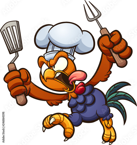 Angry rooster chef, running and screaming slip art. Vector illustration with simple gradients. All in a single layer.