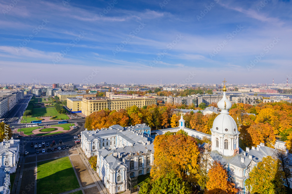 Sightseeing of St. Petersburg. Smolny Cathedral and beautiful aerial view of St. Petersburg, Russia