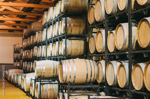 Wood wine barrels stored in a winery on the fermentation process