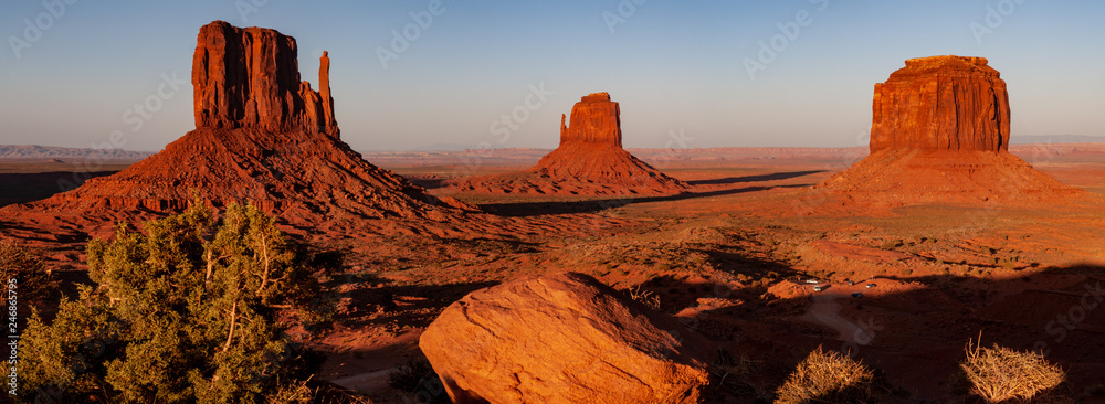 A panorama of the mittens in monument valley