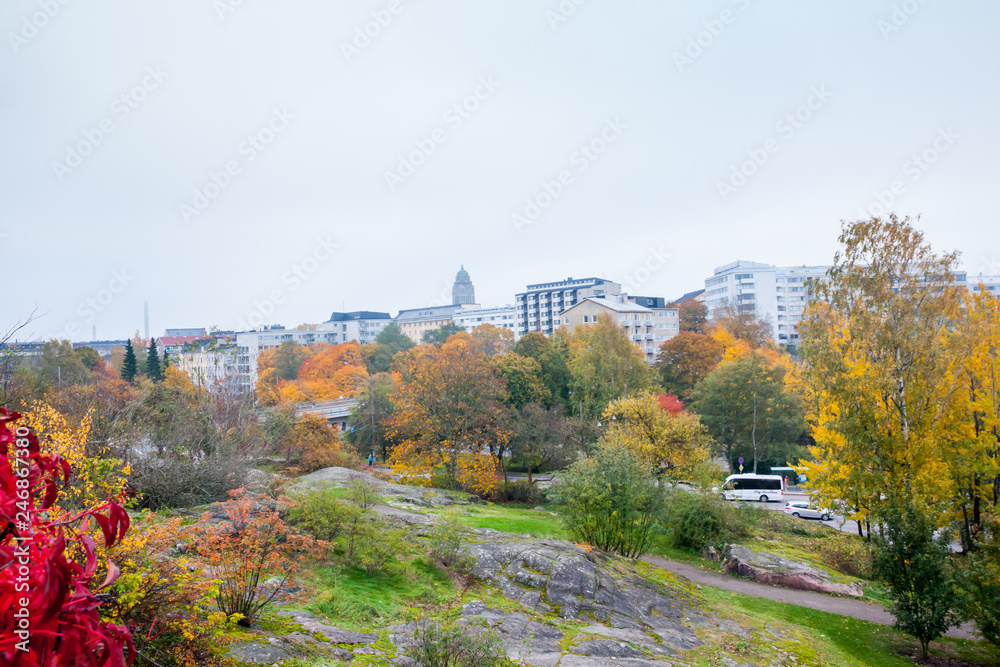 Helsinki, Finland. Kallio district cityscape at autumn.