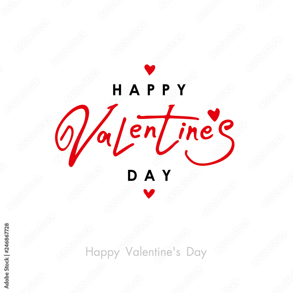 Happy Valentines Day. Valentines Day greeting card template with typography red and black text happy valentine`s day and red hearts. Vector illustration