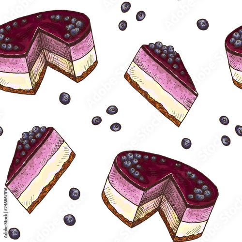 Vector illustration of hand drawn sketch pattern with colorful cake. Sweet blueberry cheesecake dessert food mint.Background in vintage style. For menu, cards, banners, flyers, confectionery.