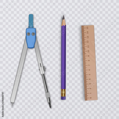 Drawing tool kit, compass, pencil and ruler on transparent background, school supplies, vector illustration
