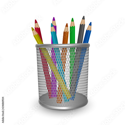Realistic colorful pencils office and stationery in the basket on white background, vector illustration