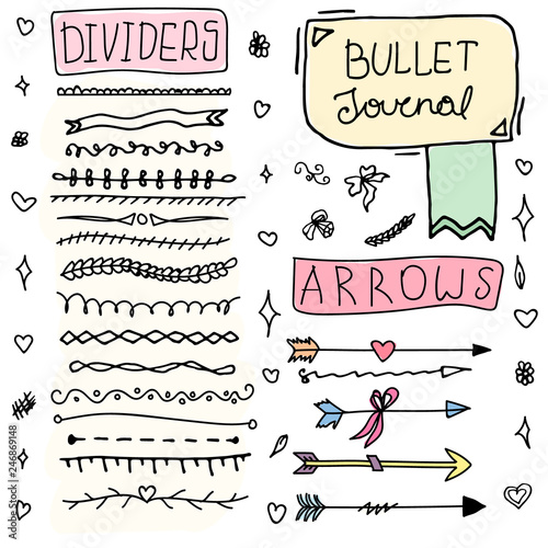 Set of Cute Hand drawn Doodle Banners isolated on white background for your Design. Label for Notebook, Diary. Bullet journal Ideas. Girl Stuff. - Vector