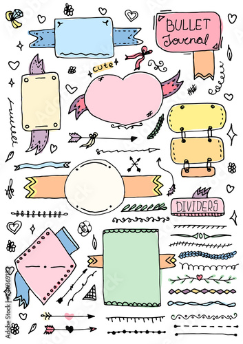 Set of Cute Hand drawn Doodle Banners isolated on white background for your Design. Label for Notebook, Diary. Bullet journal Ideas. Girl Stuff. - Vector