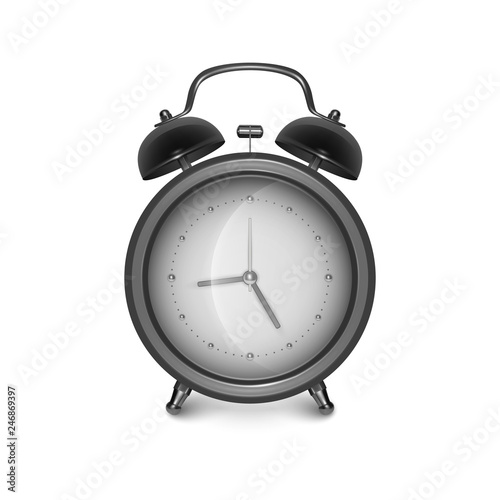 Black alarm clock on white background, vector illustration