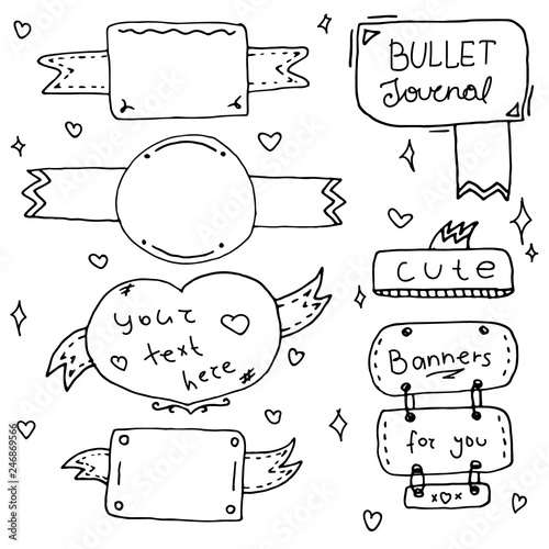 Set of Cute Hand drawn Doodle Banners isolated on white background for your Design. Label for Notebook, Diary. Bullet journal Ideas. Girly Stuff. - Vector
