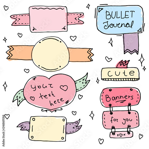 Set of Cute Hand drawn Doodle Banners isolated on white background for your Design. Label for Notebook, Diary. Bullet journal Ideas. Girly Stuff. - Vector