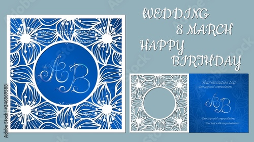 Vector greeting card for holidays. With the image of flowers, orchids. Inscriptions-wedding, March 8, happy birthday. Template for laser cutting, plotter cutting, silk screen printing.