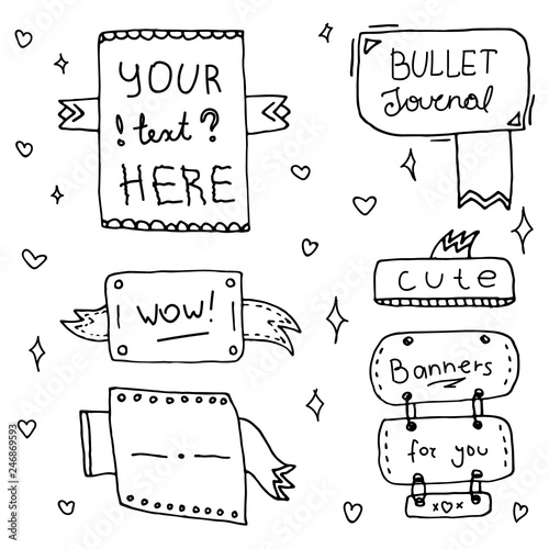 Set of Cute Hand drawn Doodle Banners isolated on white background for your Design. Label for Notebook, Diary. Bullet journal Ideas. Girly Stuff. - Vector