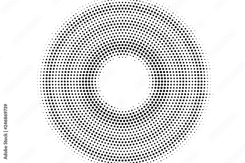 Black on white circle halftone vector texture. Digital optical illusion. Distressed dotwork gradient for vintage effect.