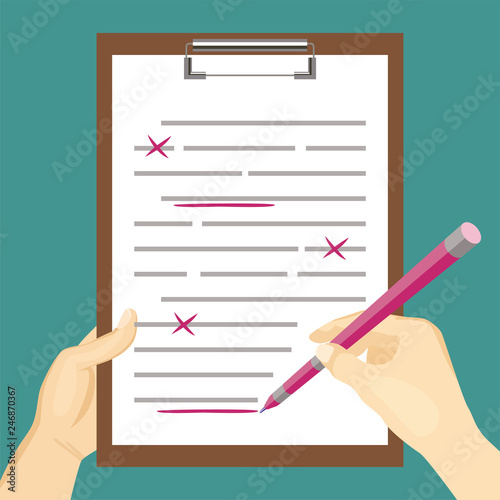 Document verification and correction of errors in content. Proofreader checks grammar mistakes. Hands hold pen and make red marks in wrong text. Vector illustration in cartoon flat style.