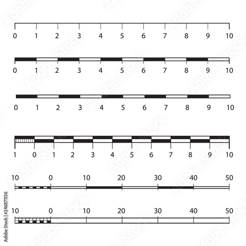 Vector map scales graphics for measuring distances . set of metric rulers in flat style. Measuring scales. Mackup for rulers. Size indicators set isolated on background. Unit distances