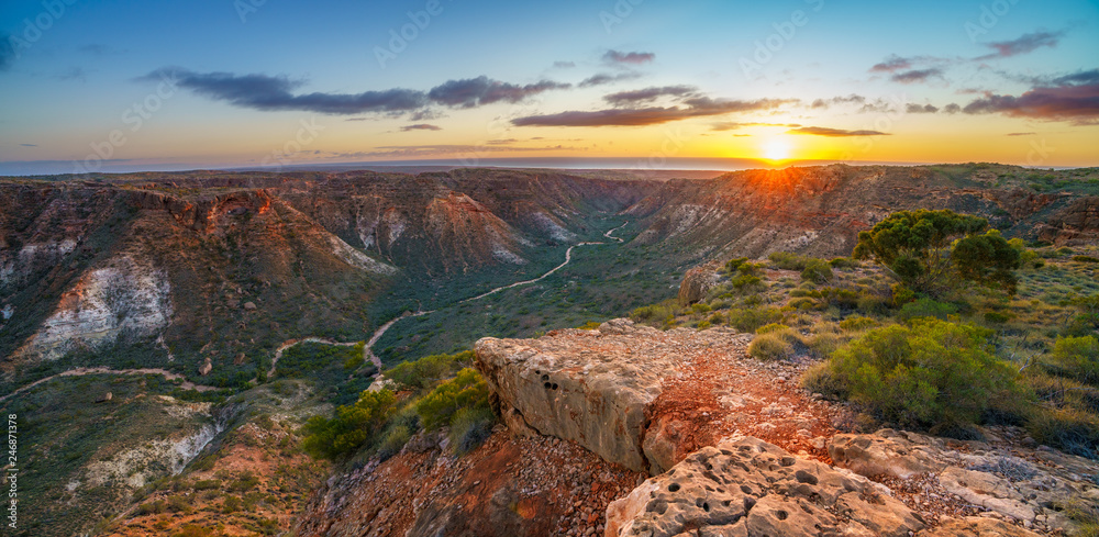 panorama view of sunrise over charles knife canyon, western australia 2