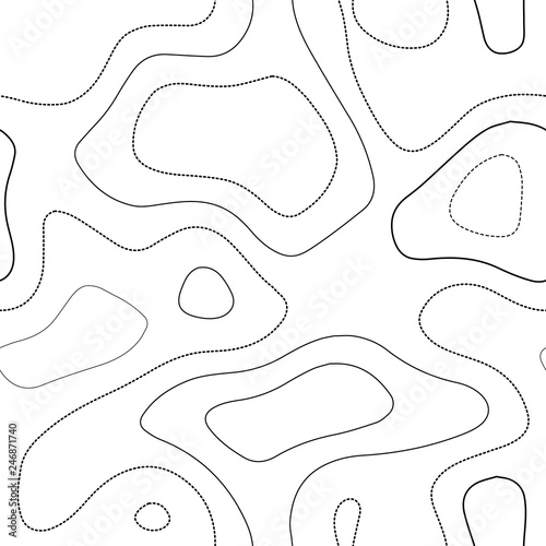 Topographic contours. Admirable topography map. Black and white seamless design, bizarre tileable isolines pattern. Vector illustration.