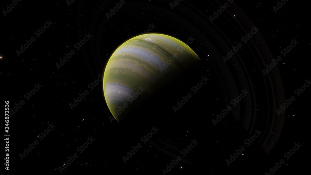 Green exoplanet with rings gas giant Saturn planet 3D illustration (Elements of this image furnished by NASA) Green exoplanet with rings gas giant Saturn planet 3D illustration (Elements of this image furnished by NASA)