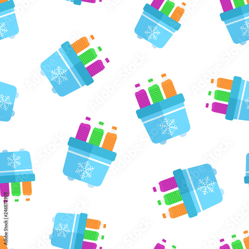 Portable fridge refrigerator with water bottle icon seamless pattern background. Freezer bag container vector illustration. Fridge and soda drink symbol pattern.
