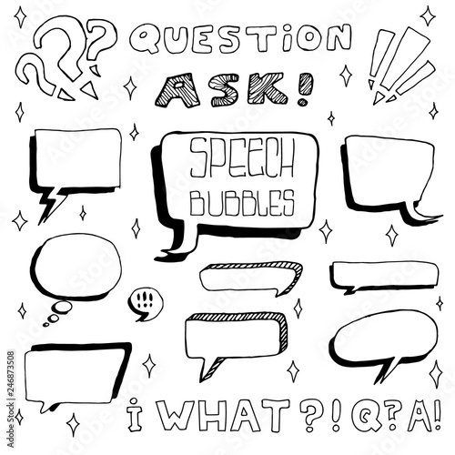 Set of Cute Hand Drawn Speech Bubbles in Doodle Style. Isolated on white sparks background.