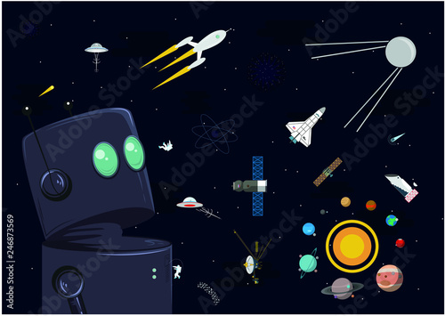 Cosmos space icons vector set isolated on night black background. Satellite, meteorite, planets, astronaut and spaceships