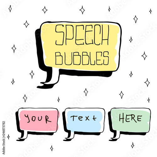 Set of Cute Hand Drawn Speech Bubbles in Doodle Style. Colorful on white sparks background.
