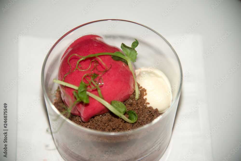 Summer dessert, a classic cake and strawberry sorbe decorated with fresh leaves . Summer dessert, a classic cake and strawberry sorbe decorated with fresh leaves .