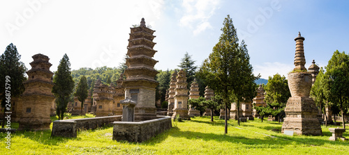 Pagoda forest in Shaolin temple, Dengfeng, Henan Province, China. It is the burying places of the most eminent monks of the temple over the centuries, and the biggest group of pagodas in the world