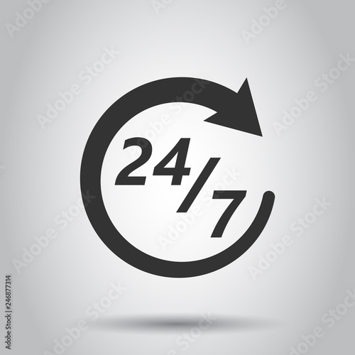 Twenty four hour clock icon in flat style. 24/7 service time illustration on white background. Around the clock sign concept.