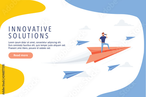Business innovative solutions website design. Business research, modern vector web banner. Idea, goal or success