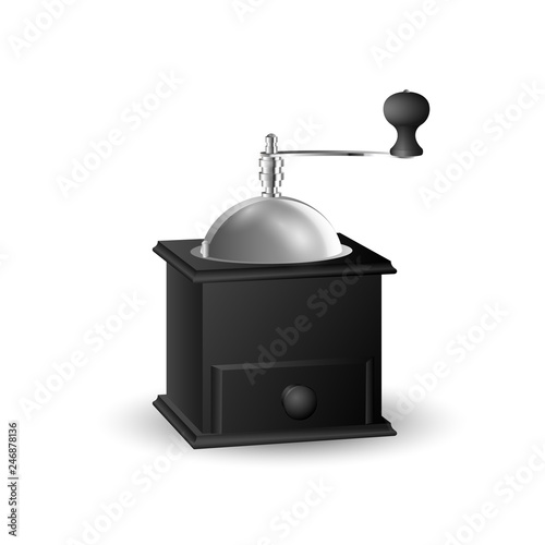 Realistic vector of beautiful black vintage coffee grinder.