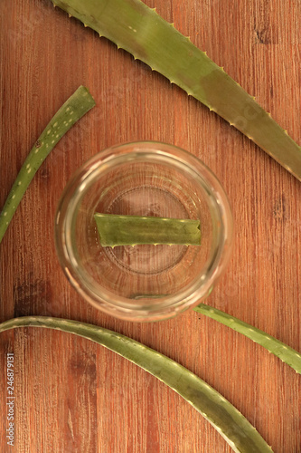 cutted piece of aloe vera in glass jar
