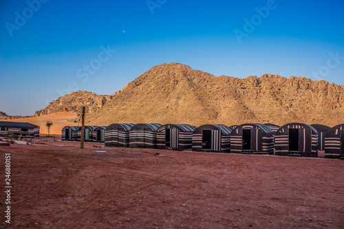 Bedouin camp with tent live object in Wadi Rum Jordanian desert outdoor scenery place landscape background, daily planet travel and touristic site concept