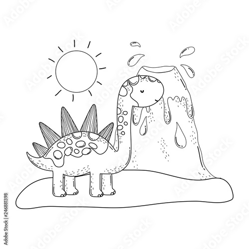 cute apatosaurus with volcano scene