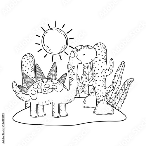 cute apatosaurus with cactus in the landscape