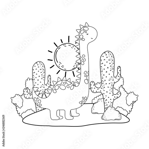 cute apatosaurus with cactus in the landscape