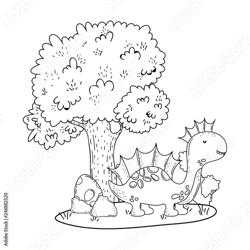 cute apatosaurus with tree in the landscape